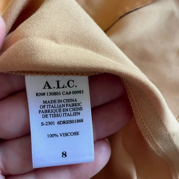 A.L.C Jamie satin drape mini dress in golden tan color - Picture 9 of 16